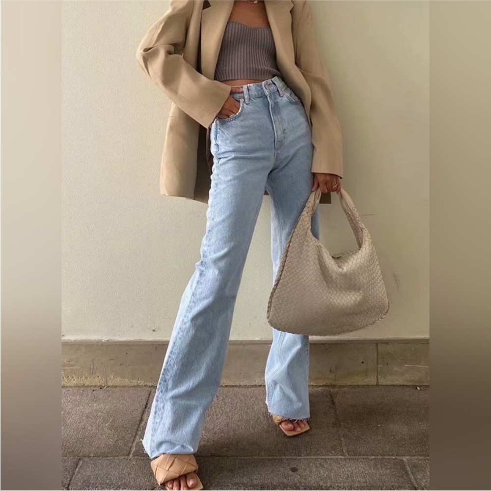 Light wash blue denim jeans- straight leg raw hem perfect closet essential jeans - Picture 6 of 12